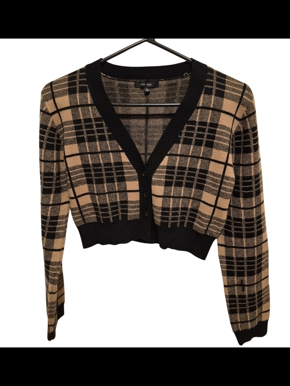 Love Tree Cropped Plaid V-Neck Cardigan - Black & Tan